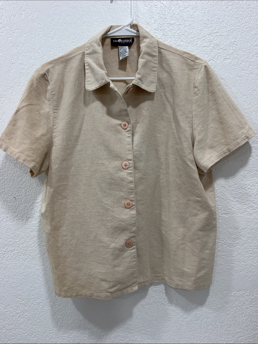Sag Harbor Beige Short-Sleeve Linen Blend Button Front Shirt Medium